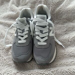 New Balance gray with white trim, platform sneakers